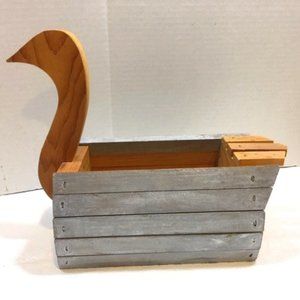 VTG Swan Wood Slat Napkin Holder Basket Planter Handmade Country Style